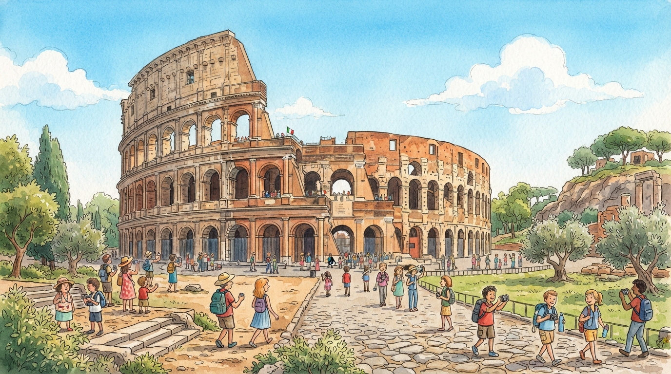 Le Colisée de Rome, avec de nombreux touristes qui se promènent et prennent des photos devant le monument antique
